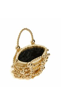 Borsa a tracolla con perline dorate, di forma rotonda, in tessuto testurizzato e con un'interiorità nera. Presenta un manico di perline e decorazioni di perline attorno al corpo.