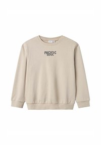 Sudadera de color beige claro con mangas largas, escote redondeado y puños acanalados. Presenta "PACIFIC SOUL" impreso en letras oscuras en el frente.