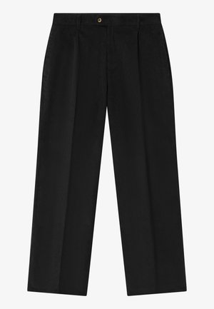 Zwarte corduroy broek met een recht model, voorzien van een knoopsluiting, twee plooien aan de voorkant en zijzakken. Zachte textuur en gladde afwerking.