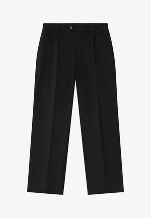 Czarne spodnie korduroy o prostym kroju, z zapięciem na guzik, dwoma plisami z przodu oraz bocznymi kieszeniami. Miękka tekstura i gładkie wykończenie.