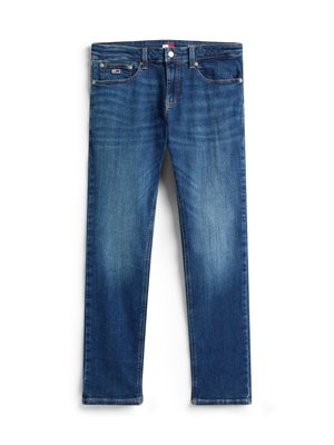 Jeans en denim avec une teinte bleue, design à jambe droite, cinq poches et un petit écusson près de la taille. Quelques zones de décoloration légère et des détails de couture visibles.