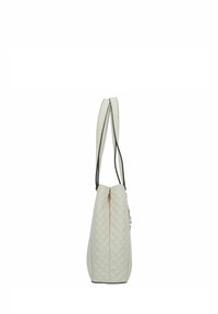 Gepolsterte cremefarbene Handtasche mit schmalem Silhouette, doppelten schwarzen Trägern und einem Reißverschlussverschluss. Mit dezenten Nähten und einem eleganten Design.