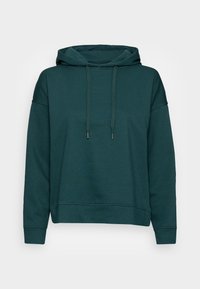 Mörkgrön huvtröja med avslappnad passform, dragkedjor och ribbade ärmar. Tillverkad av mjukt, strukturerat tyg.