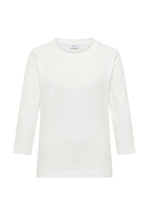 Weißes Langarm-T-Shirt mit rundem Hals und gerippter Struktur. Einfaches Design, gefertigt aus einem glatten, leichten Stoff. Keine sichtbaren Muster.