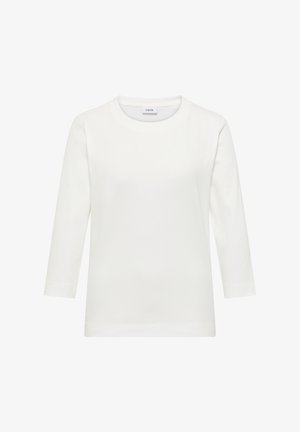 Maglietta bianca a maniche lunghe con scollo rotondo e texture a coste. Design semplice, realizzata in tessuto liscio e leggero. Nessun motivo visibile.