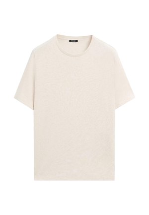 Beige T-Shirt mit kurzen Ärmeln und Rundhalsausschnitt in glatter Textur, flach ausgelegt mit sichtbarem Markenetikett im Halsausschnitt.