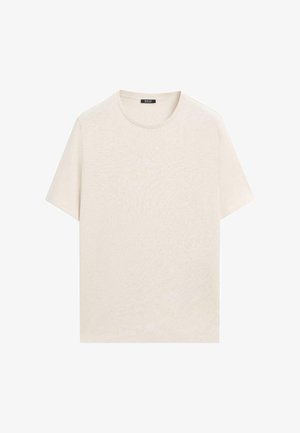 Beige T-shirt met korte mouwen en ronde hals, gemaakt van een gladde stof, plat neergelegd met een zichtbaar merklabel aan de binnenkant van de hals.