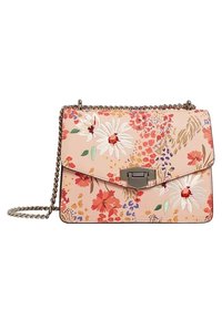 Sac à main à motif floral en matériau rose avec une bandoulière en chaîne, comportant des marguerites brodées et un détail en fermoir argent é. Forme rectangulaire.