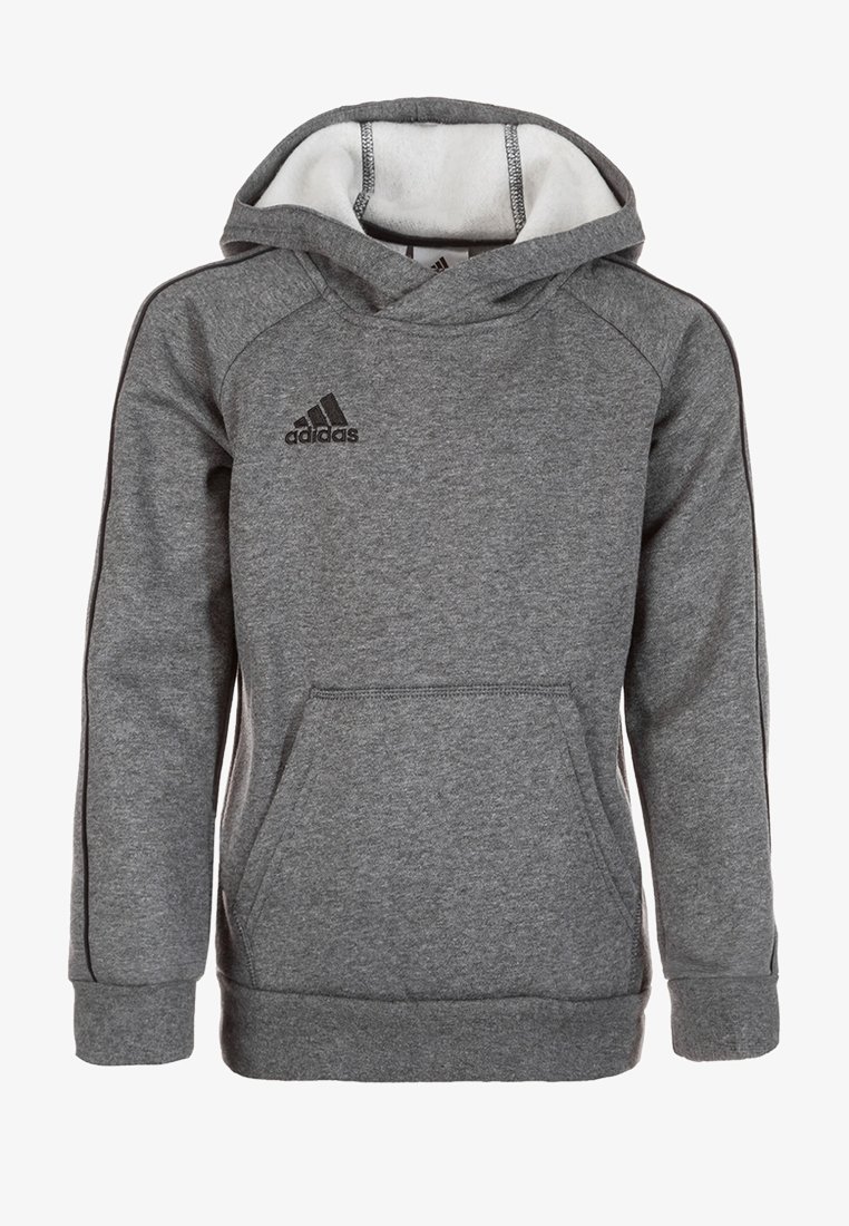 Haut à capuche gris avec une poche kangourou, une capuche ajustable à cordon et un logo Adidas noir sur la poitrine. Fabriqué à partir d'un tissu en coton doux et texturé.
