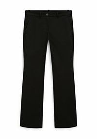 Pantalon noir à jambe droite, confectionné dans un tissu lisse, doté de deux poches avant et d'une fermeture à bouton unique à la taille.
