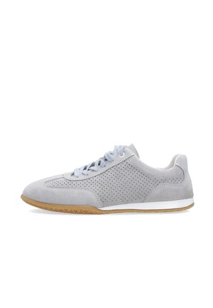 Light gray suede sneaker with perforated side panels, light blue laces, white midsole, and gum rubber outsole.