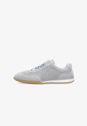 Light gray suede sneaker with perforated side panels, light blue laces, white midsole, and gum rubber outsole.