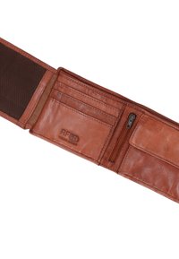 Brown RFID-blocking leather wallet with multiple card slots, a zippered pocket, and smooth texture. Features stitched edges and a logo imprint.