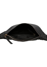 Borsetta in pelle nera con chiusura a zip, caratterizzata da un esterno liscio e un interno foderato in tessuto, comprensivo di una piccola tasca interna.
