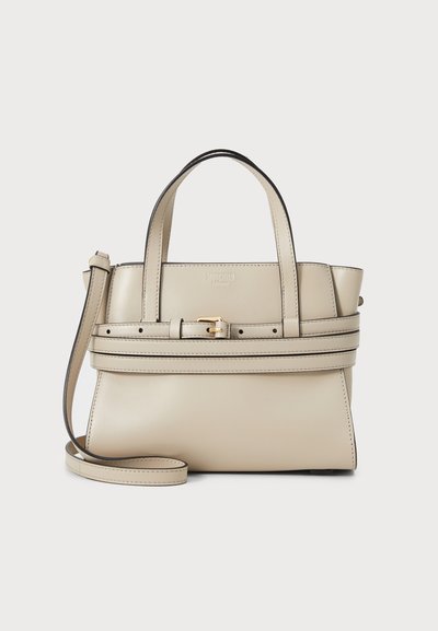 Beige leather handbag with a structured design, double top handles, detachable shoulder strap, gold-tone hardware, and contrasting black trim.