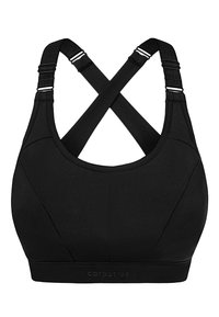 Melnā sporta krūšturis ar krustveida aizmuguri, izgatavots no gludas auduma ar regulējamām siksnām un zīmola elastīgu joslu apakšā.