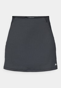 Saia canelada cinza escuro com uma silhueta ajustada. Apresenta uma cintura plana, bolsos laterais e um logótipo no canto inferior direito.