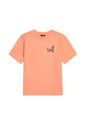 Kurzärmeliges T-Shirt mit Rundhalsausschnitt in korallorangefarbenem Baumwollstoff, mit einem schwarzen O'Neill-Logo auf der linken Brust. Glatte Textur, reguläre Passform.