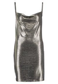 Metalická stříbrná mini šaty se spagetti ramínky, s draped výstřihem a hladkým, lesklým povrchem. Jednoduchý, přiléhavý design.