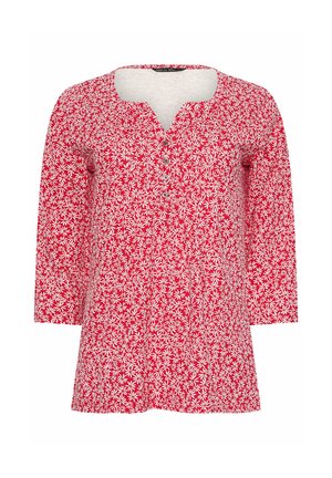 Tunica rossa a maniche lunghe con motivo floreale bianco e colletto a V con bottoni.