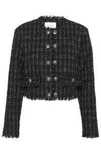 Black cropped jacket in textured fabric with white check pattern, featuring a frayed hem, six button closure, and two front pockets.