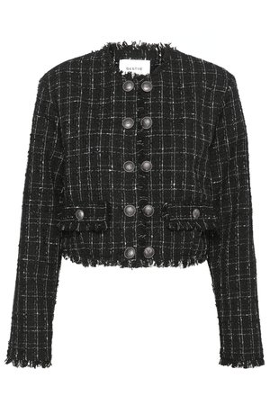 Black cropped jacket in textured fabric with white check pattern, featuring a frayed hem, six button closure, and two front pockets.