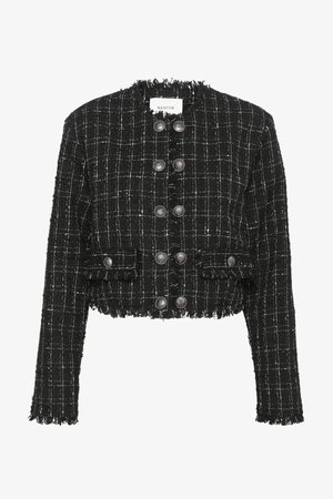 Juodas cropped tipo švarkas iš tekstūrinės medžiagos su baltu languotu raštu, turintis dygliuotą apačią, šešis mygtukus užsegimą ir dvi priekines kišenes.