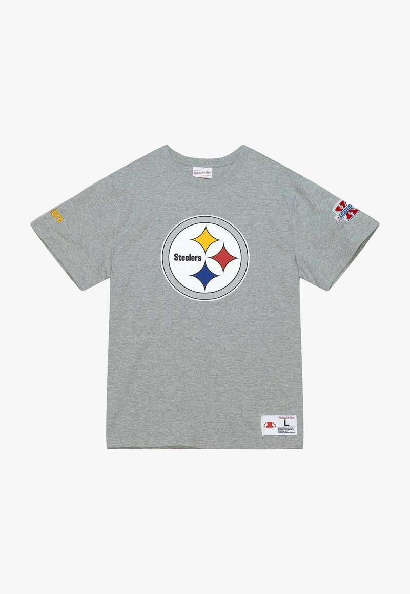 Gray cotton t-shirt featuring a circular Steelers logo in black, yellow, red, and blue. Includes yellow lettering on the sleeve and a label at the hem.