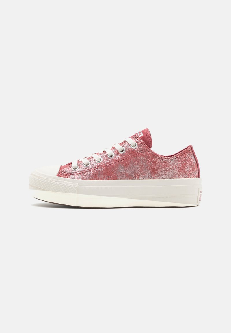 Zapatillas de lona con brillo rosa y puntera de goma blanca, con cinco ojales y una suela texturizada. Presenta una etiqueta de logo en la lengua.