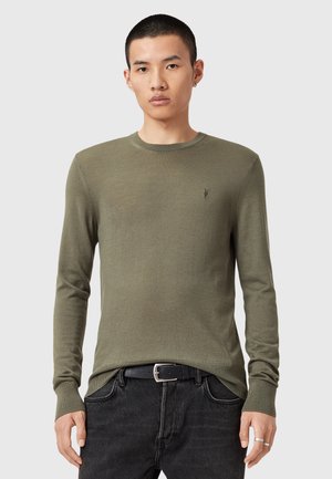 Zielona oliwkowa sweter z długim rękawem wykonany z miękkiego materiału, z okrągłym dekoltem i prążkowanymi mankietami, z małym czarnym logo na klatce piersiowej.
