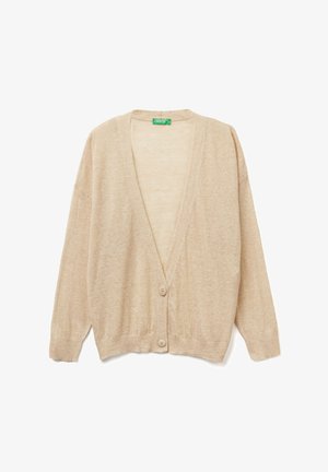 Jasnopopielaty kardigan z dekoltem w serek, długimi rękawami i dwoma guzikami z przodu. Wykonany z miękkiego materiału o gładkiej teksturze.
