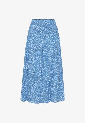 Blå maxiskirt med en svævende silhuet, lavet af letvægtsstof med et hvidt paisleymønster og elastisk talje.