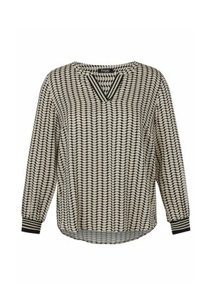 Langärmelige Bluse mit schwarzem und beigem geometrischem Muster, V-Ausschnitt mit gestreiftem Besatz und gestreiften Manschetten an den Ärmeln.