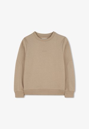 Sweat-shirt beige en tissu doux avec un col rond, des poignets et un ourlet côtelés, et une broderie de logo subtile à l'avant.