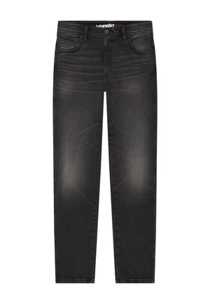 Czarne jeansy Wrangler z wyblakłymi detalami, w stylu z pięcioma kieszeniami, zapinane na guziki, o prostym kroju nogawek, ułożone płasko na białym tle.