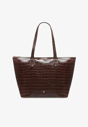Ciemnobrązowa torba typu tote z fakturą krokodyla, dwoma paskami na ramię i zamkiem błyskawicznym u góry.