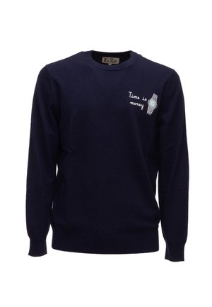 Maglione blu navy realizzato in materiale morbido, con ricamo "Il tempo è denaro" accompagnato da un grafico di un orologio sul lato sinistro. Design classico a girocollo.