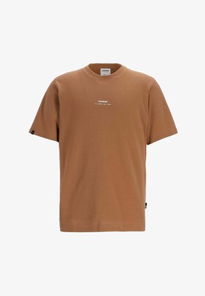 T-shirt in cotone marrone con maniche corte, scollatura rotonda e testo stampato bianco sul davanti. Presenta un piccolo etichetta del logo sul lato.