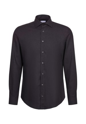 Black long-sleeve shirt made of smooth fabric, featuring a button-down front, classic collar, and rounded hem. Plain design without patterns.