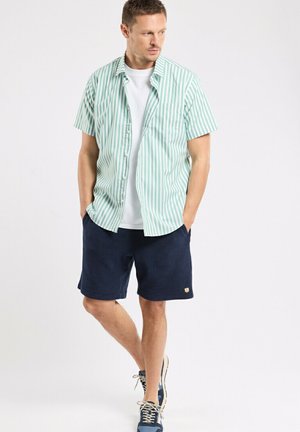 Homme debout, les mains dans les poches, portant une chemise à manches courtes rayée vert et blanc, un T-shirt blanc, un short bleu marine et des baskets bleues.