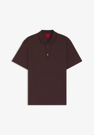 Dark brown short-sleeve polo shirt with two buttons and a black Hugo logo tag under the placket.