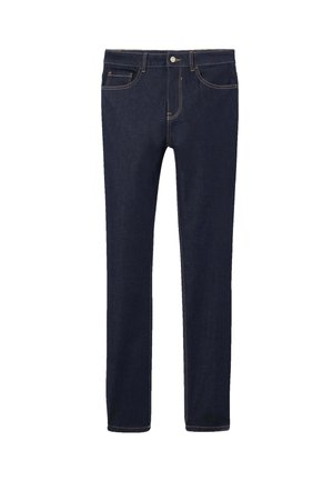 Jeans en denim bleu foncé avec une coupe slim, présentant des coutures dorées contrastées, cinq poches et une fermeture à bouton à l'avant.