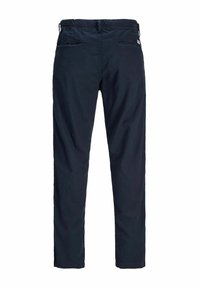 Pantalon bleu marine droit avec taille élastique et deux poches passepoilées à l'arrière, vu de dos.