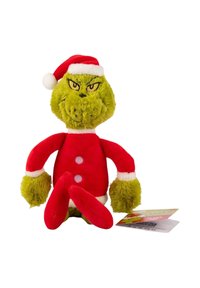 Green plush Grinch toy wearing a red coat with white trim, red pants, and a red Santa hat. Features embroidered facial details.