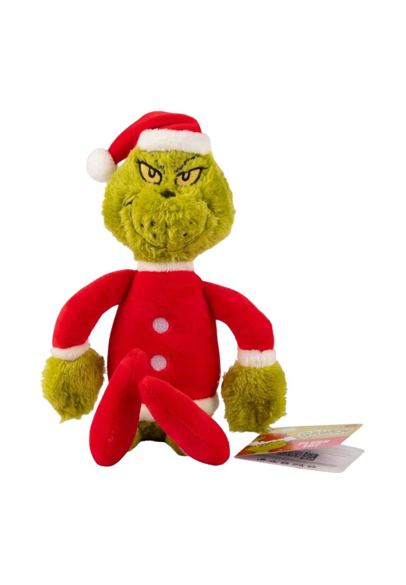 Green plush Grinch toy wearing a red coat with white trim, red pants, and a red Santa hat. Features embroidered facial details.