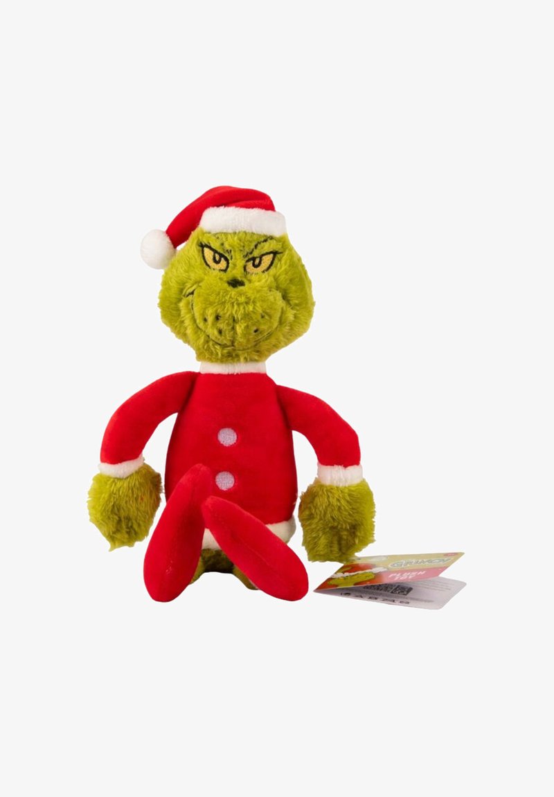 Jouet vert en peluche du Grinch portant un manteau rouge avec bord blanc, un pantalon rouge et un chapeau de Noël rouge. Détails du visage brodés.
