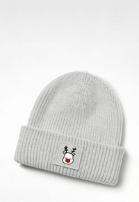 Gray knitted beanie with a ribbed texture and a fold-over cuff, featuring a square patch with a reindeer face design.