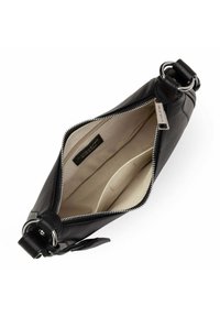 Borse a mano in pelle nera con chiusura a zip, dotata di un interno beige, scomparti multipli e dettagli in metallo argentato.