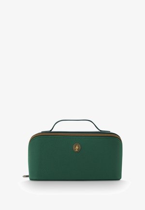 Green leather pouch with a textured finish, zip closure, and a gold-tone logo accent on the front. Features a top handle for carrying.