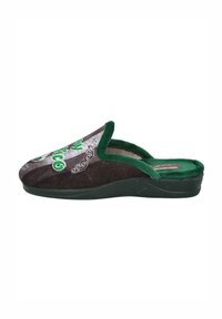 Zapatilla marrón oscura y verde con parte superior texturizada, con letras decorativas verdes y forro interior suave. Suela moldeada.